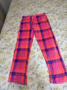 Girls Plaid Fleece Pajama Pants - Pink & Orange